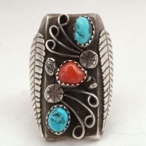Vintage Blue Turquoise Coral Rectangle Large Sterling Silver Ring